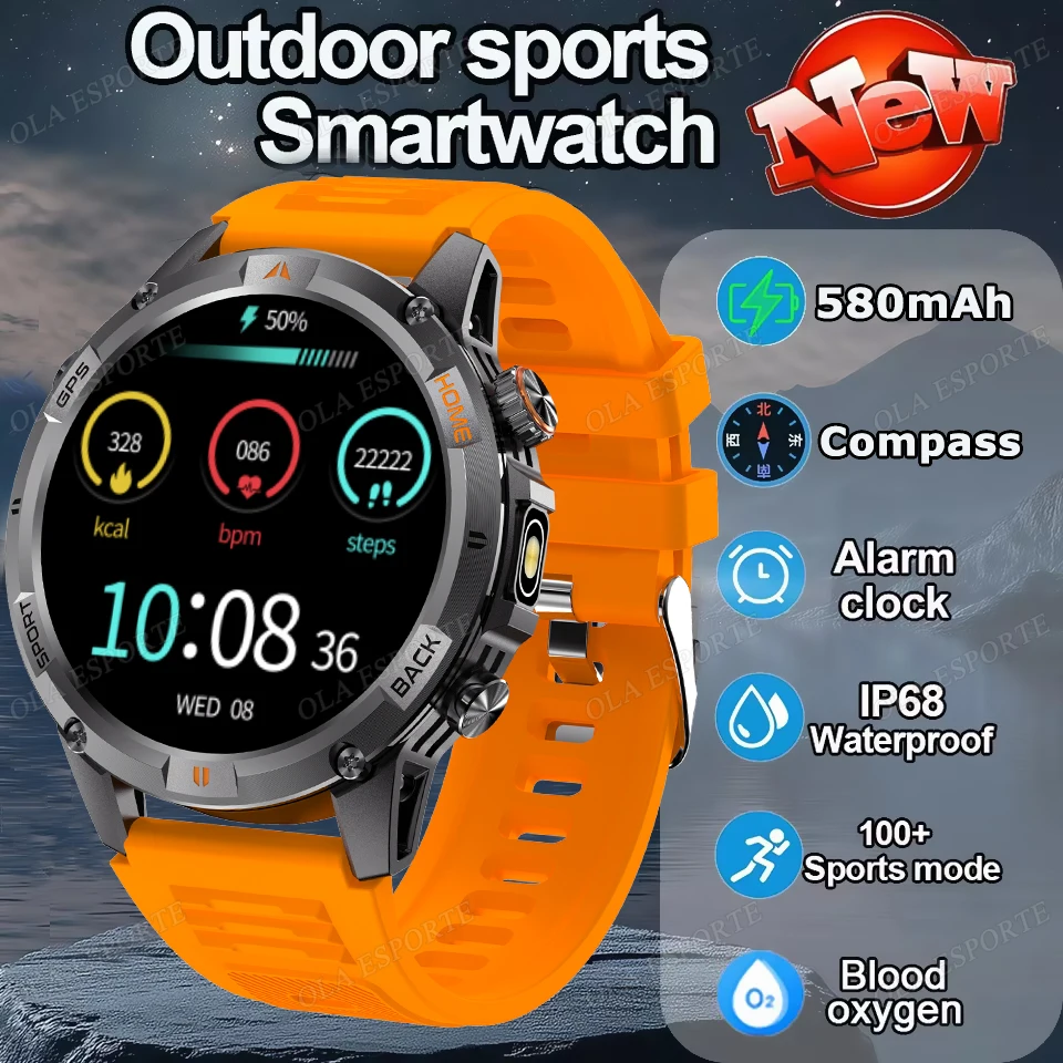 

Outdoor Sports LED Flashlight Smart Watch 2025 580mAh Heart Rate Compass GPS Track IP68 Waterproof Bluetooth Call Men Smartwatch