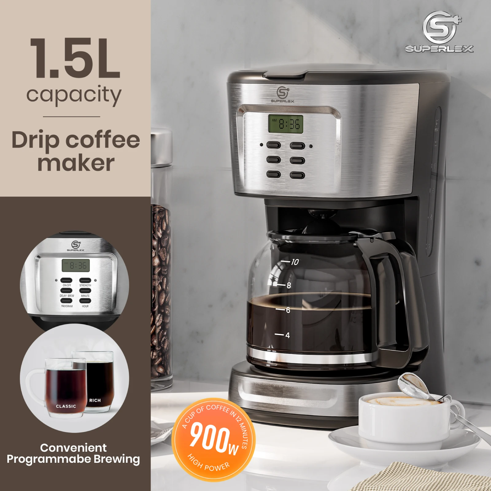 SUPERLEX 900W Elektrische Filterkaffeemaschine 1,5L Wassertank Halbautomatisch Anti-Tropf-Funktion Amerikanischer Kaffeestil Einfach zu Bedienen 2026 Neu