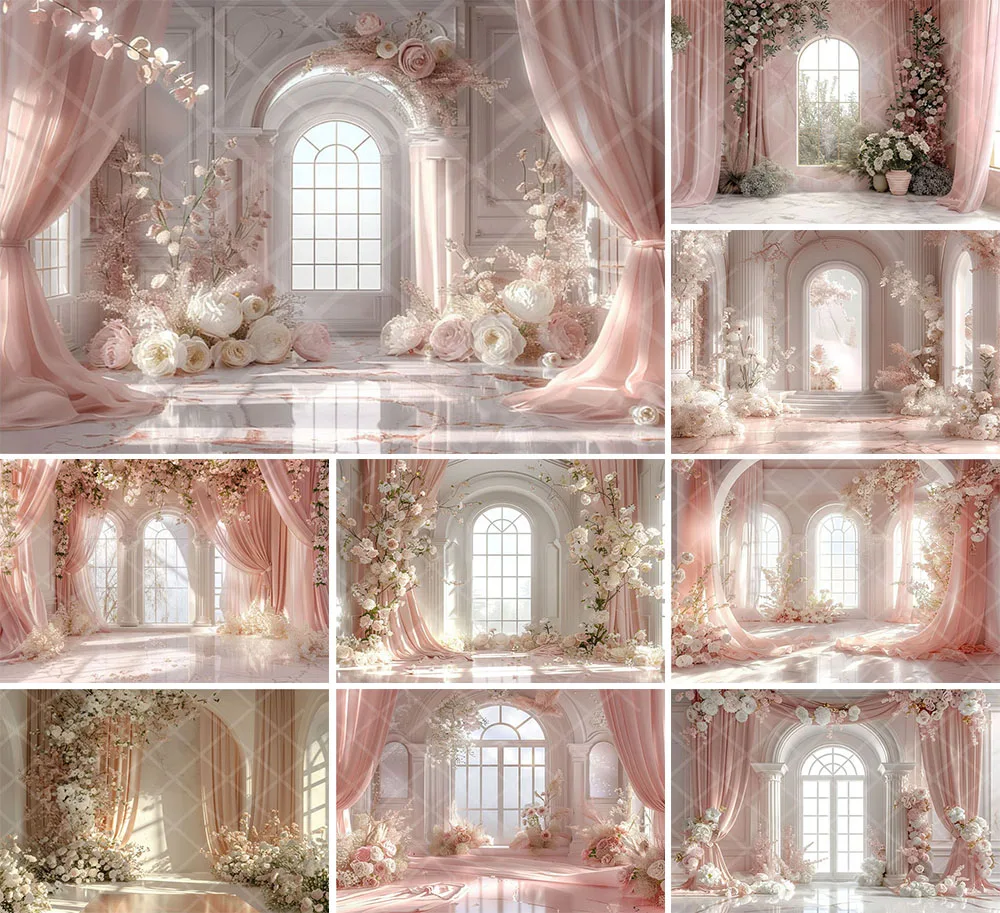 Mehofond Photography Background Pink Floral Indoor Window Curtain Adult Wedding Maternity Portrait Decor Backdrop Photo Studio