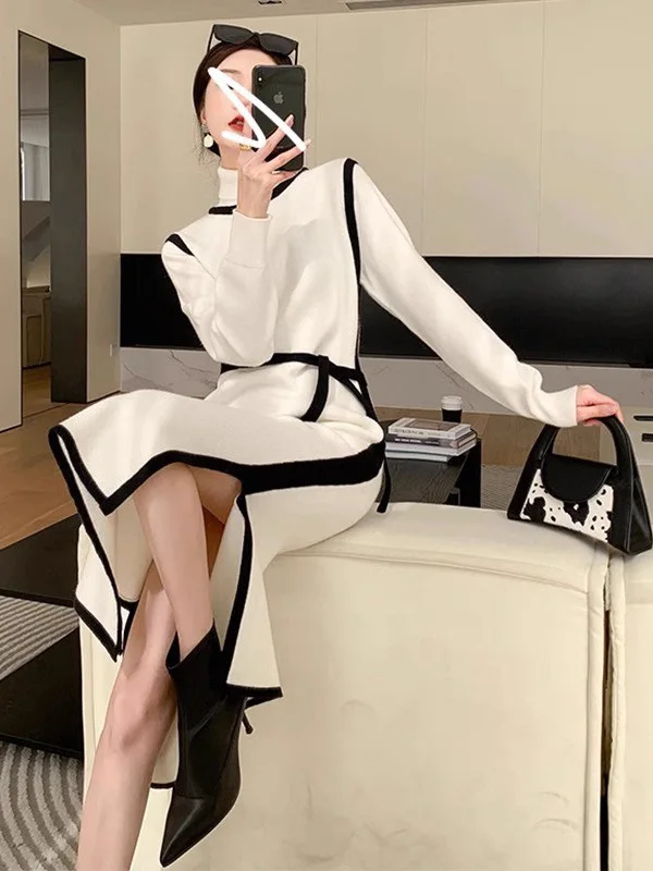 Ele malha longa camada base sve dr coreano sle commute cor pura fibra de poliéster ajuste solto cena casual