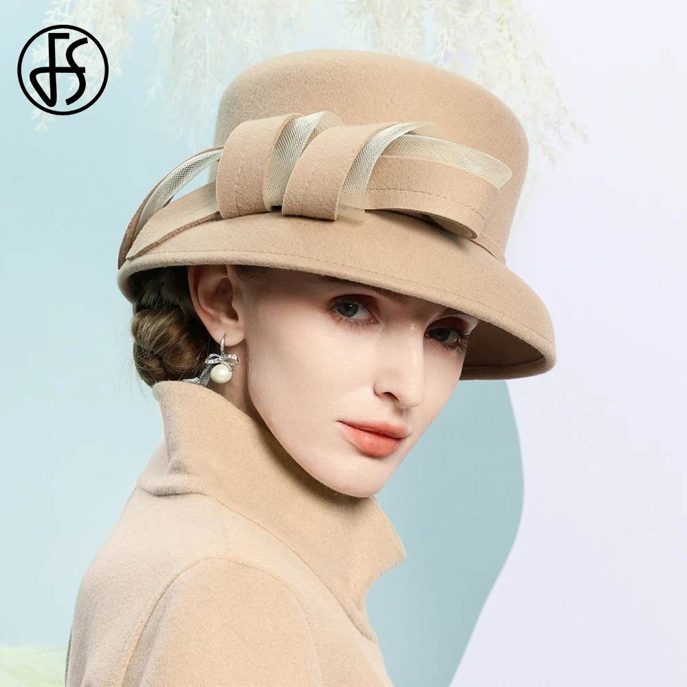 FS 2025 Ladies Camel Basin Cap Elegant Bowler Fedoras Femme 100% Wool Felt Winter Hats For Women Church Formal Dress Millinery