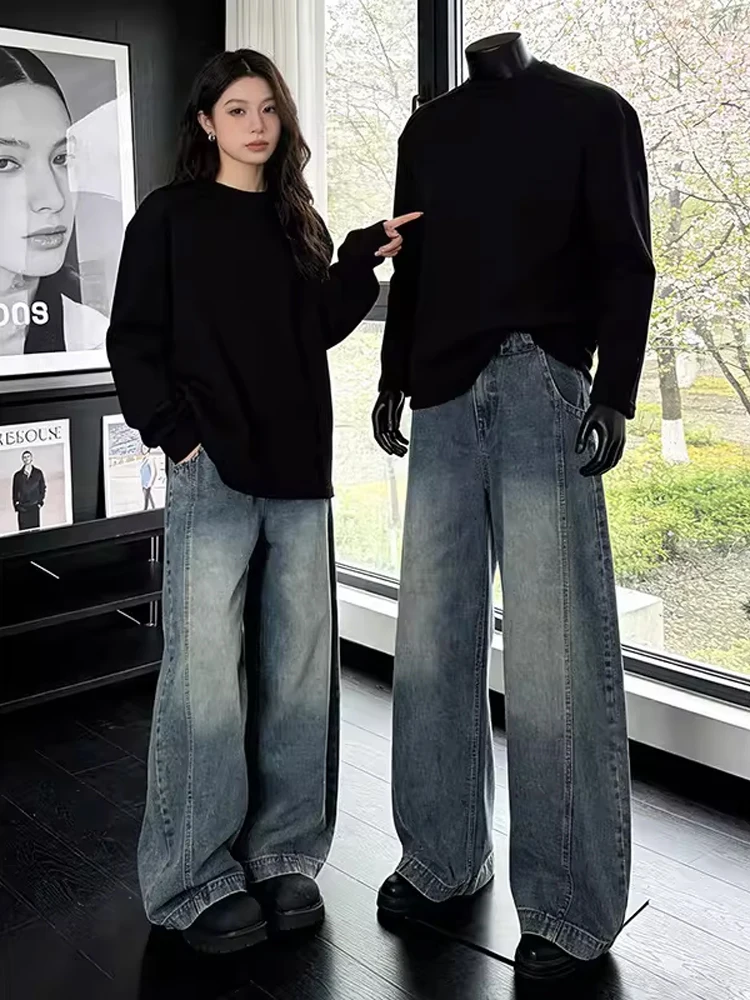 

Мужские широкие брюки в стиле ретро, синие, свободного кроя, в американском стиле, весенние, в стиле High Street Vibe, джинсы с асимметричным кроем, стройнящие, с эффектом потертости