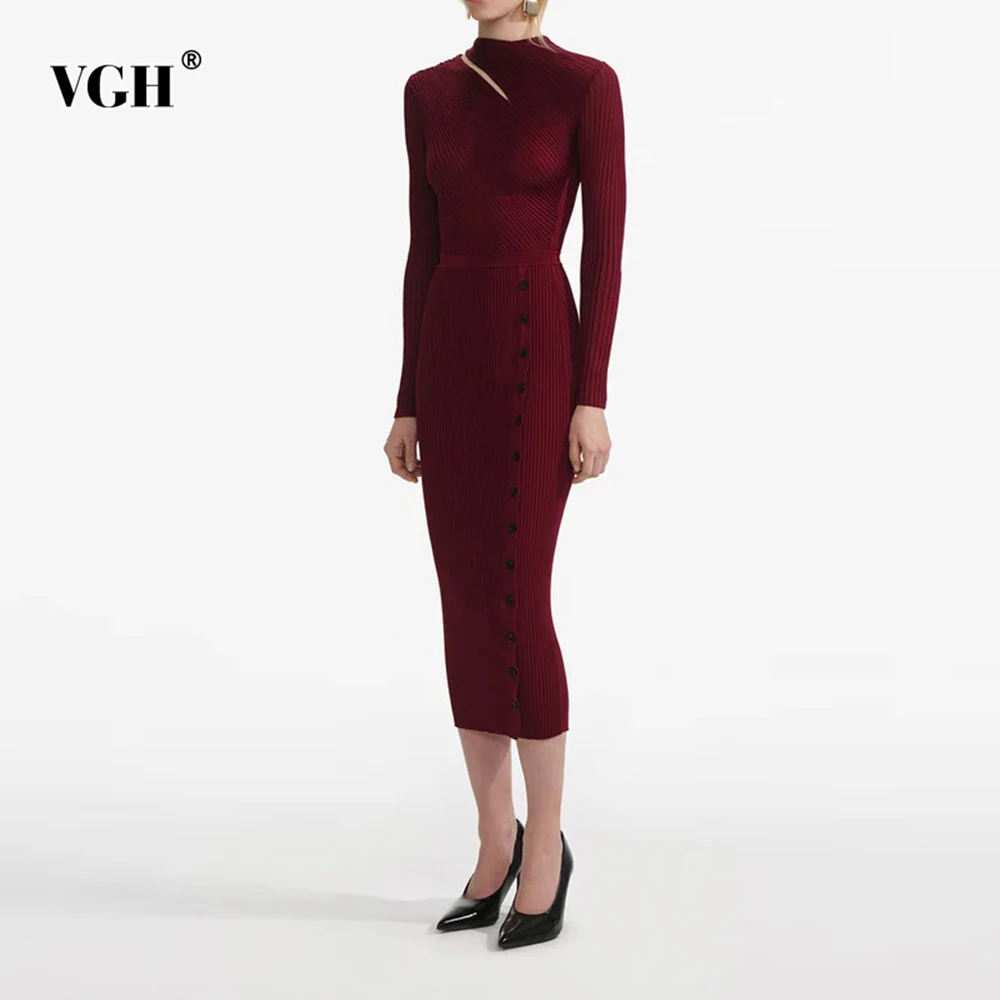 

VGH Slim Fit Solid Sexy Vintage Long Dresses For Women Round Neck Long Sleeve High Spring Temperament Dress Female Fashion New