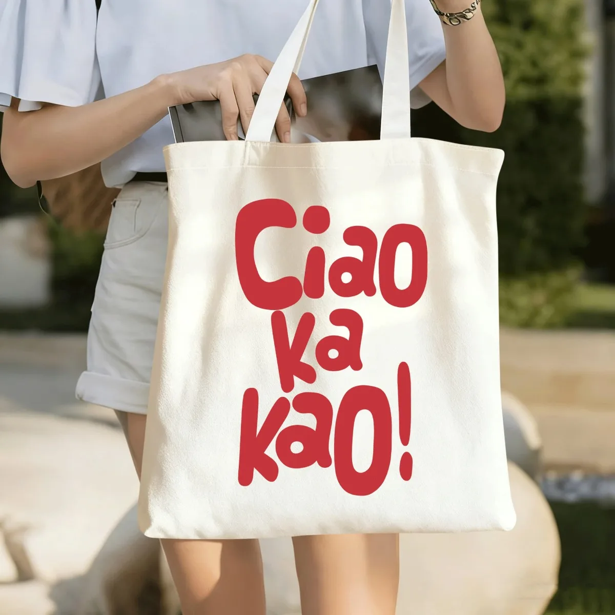 2D Planar Printing-Minimalist Red Ciao Ka Kao Print Tote Bag Simple Design, Versatile Hand-Lift for Daily Commute, Soft Texture,