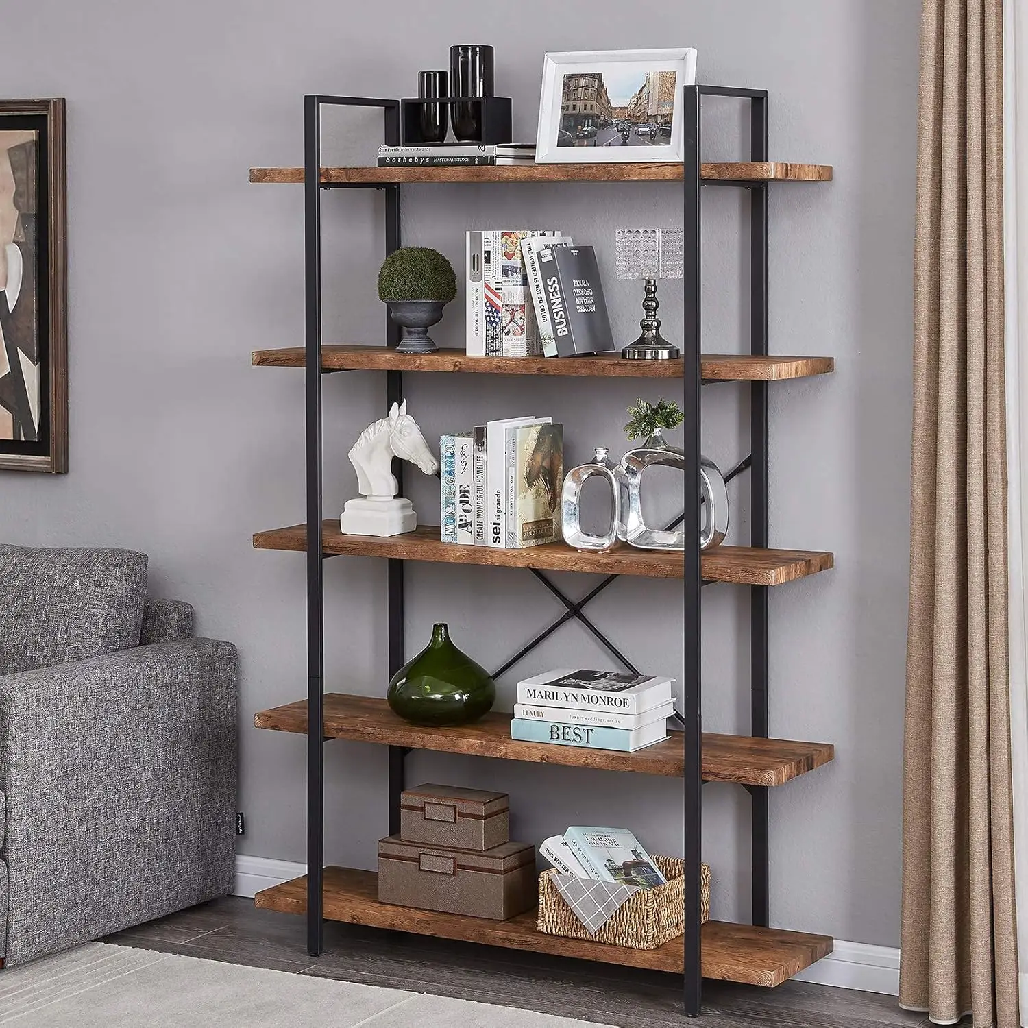 5-Tier Bookshelf, Open Etagere Bookcase With Metal Frame, Book Shelf Book Case With Storage Display Shelves, Rustic Brown