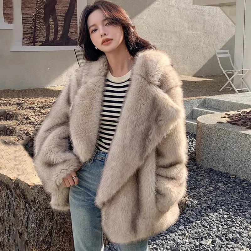 Luxury Brand Fashion Gradient Animal Color Faux Fur Coat Jacket Women 2023 Winter Loose Oversized Long Fluffy Overcoat Outerwear