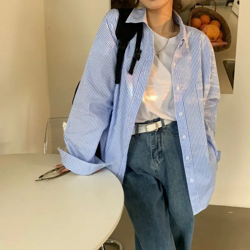 Striped Long-sleeved Shirt for Women in Spring Autumn New Style Lazy Loose BF Style Loose Mid-length Striped Versatile Jacket