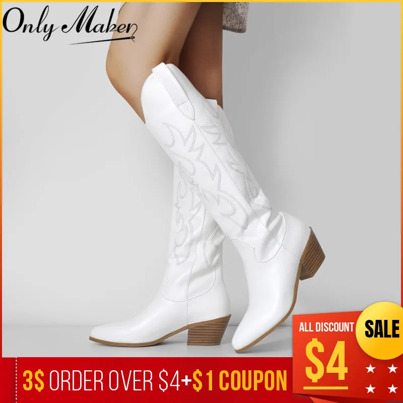 Onlymaker Women White Knee High Boots Western Cowboy Boots Wide Calf Embroidered Pointed Toe Block Heel Pull-On Cowgirl Booties