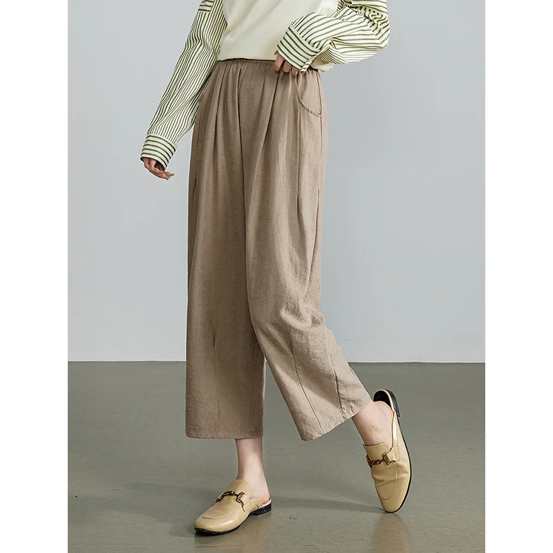 TOYOUTH Women Casual Pants 2024 Autumn New Solid Color Elastic Waist Wide Leg Ankle Length Casual Pants