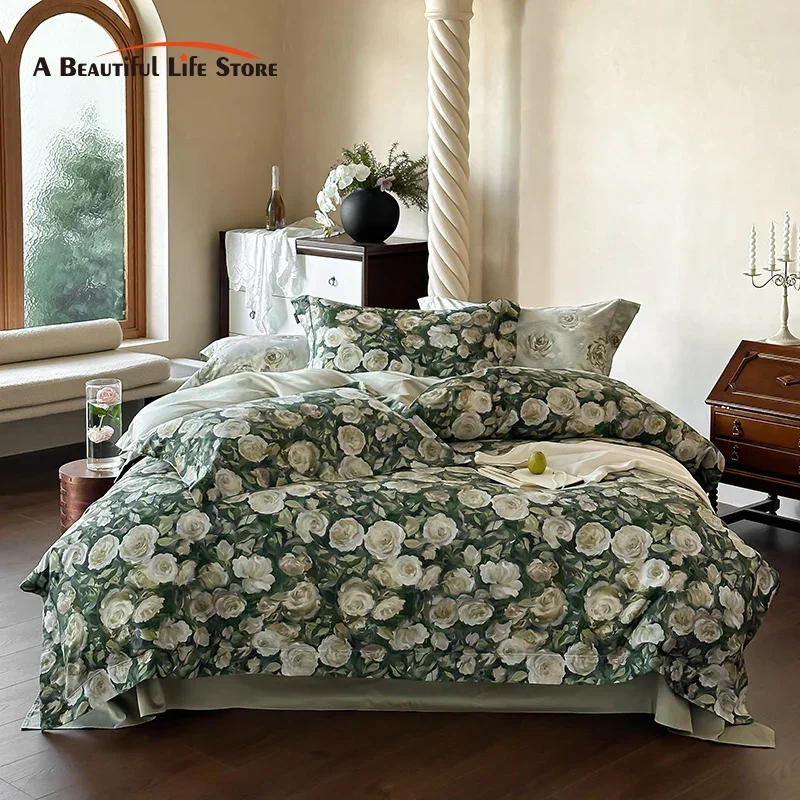 1000TC Egyptian Cotton Digital Printing Bedding Set American Pastoral Style Flowers Duvet Cover Flat/Fitted Bed Sheet Pillowcase