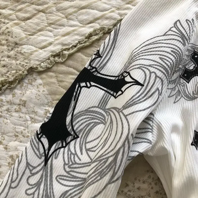 American Vintage Print Flared Sleeve Off Shoulder Long Sleeve T-shirt Women Autumn Design Slim White Tops Y2k Tees Mujer Gothic image 6
