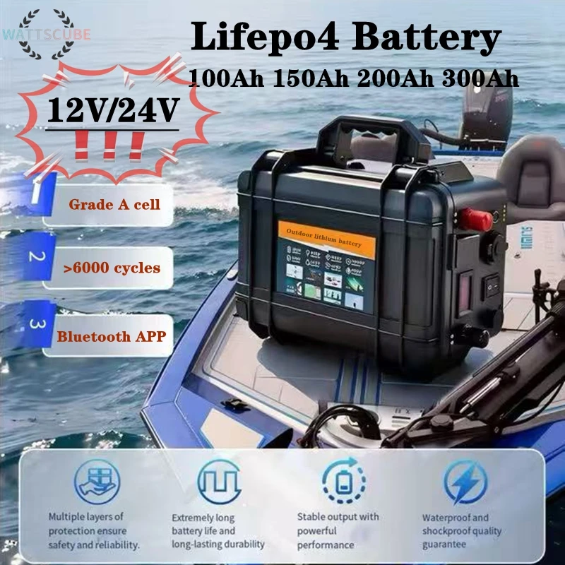Battery 12V 24V 100Ah 150AH 200AH 300Ah 400Ah Lifepo4 Lithium Iron Phosphate Battery Pack Bluetooth BMS for Boat Solar System