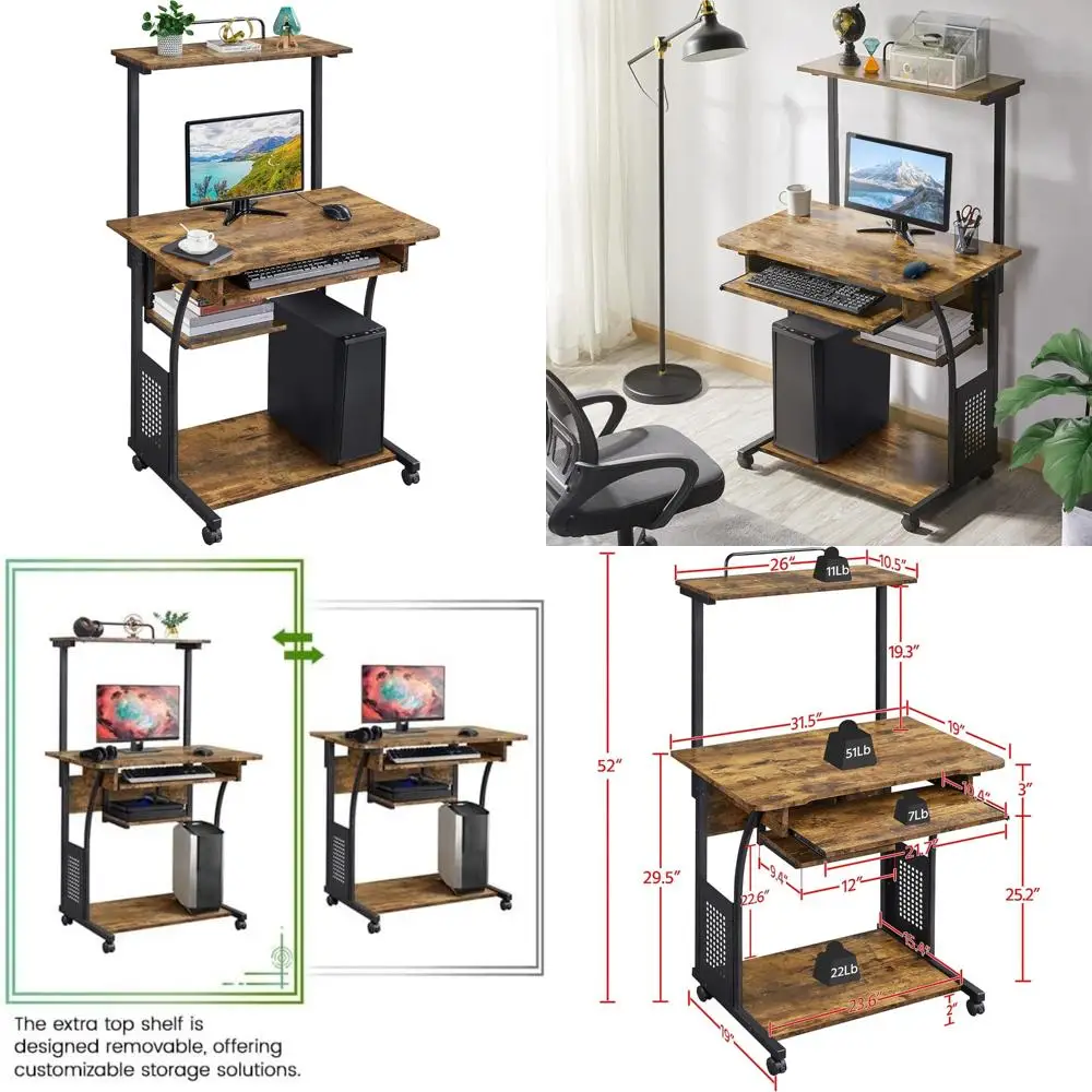 

Three-Tier Rolling Computer Desk with Keyboard Tray and Printer Shelf for Home Office and Small Spa Use