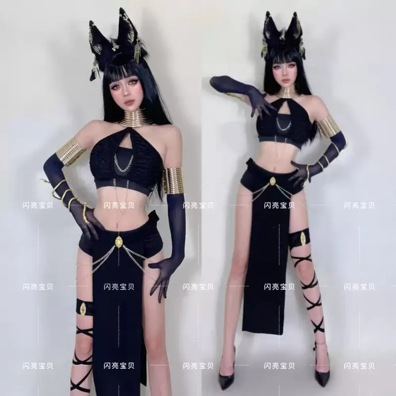 Egyptian Style Black Stage Costume Set with Anubis Ear Headband Gold Decorations Women Nightclub Gogo Cosplay Party Performance