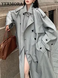 YERMORA Fashion Designer Long Trench Coat Women Lapel Double Breasted Belt Gathered Waist Windbreaker 2025 Autumn Winter New