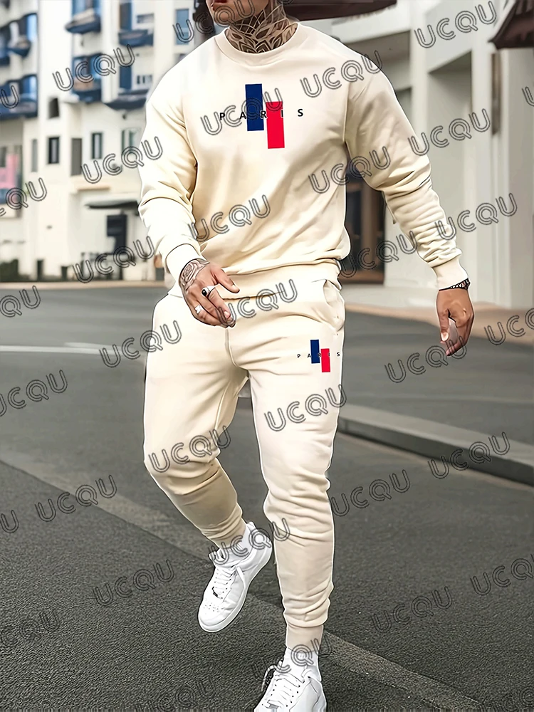 

PARIS Creative Letter Print Tracksuit Suits For Men Autumn Winter Retro Men's Hoodie Pants Set O-neck Hoodies Suits Male Clothes