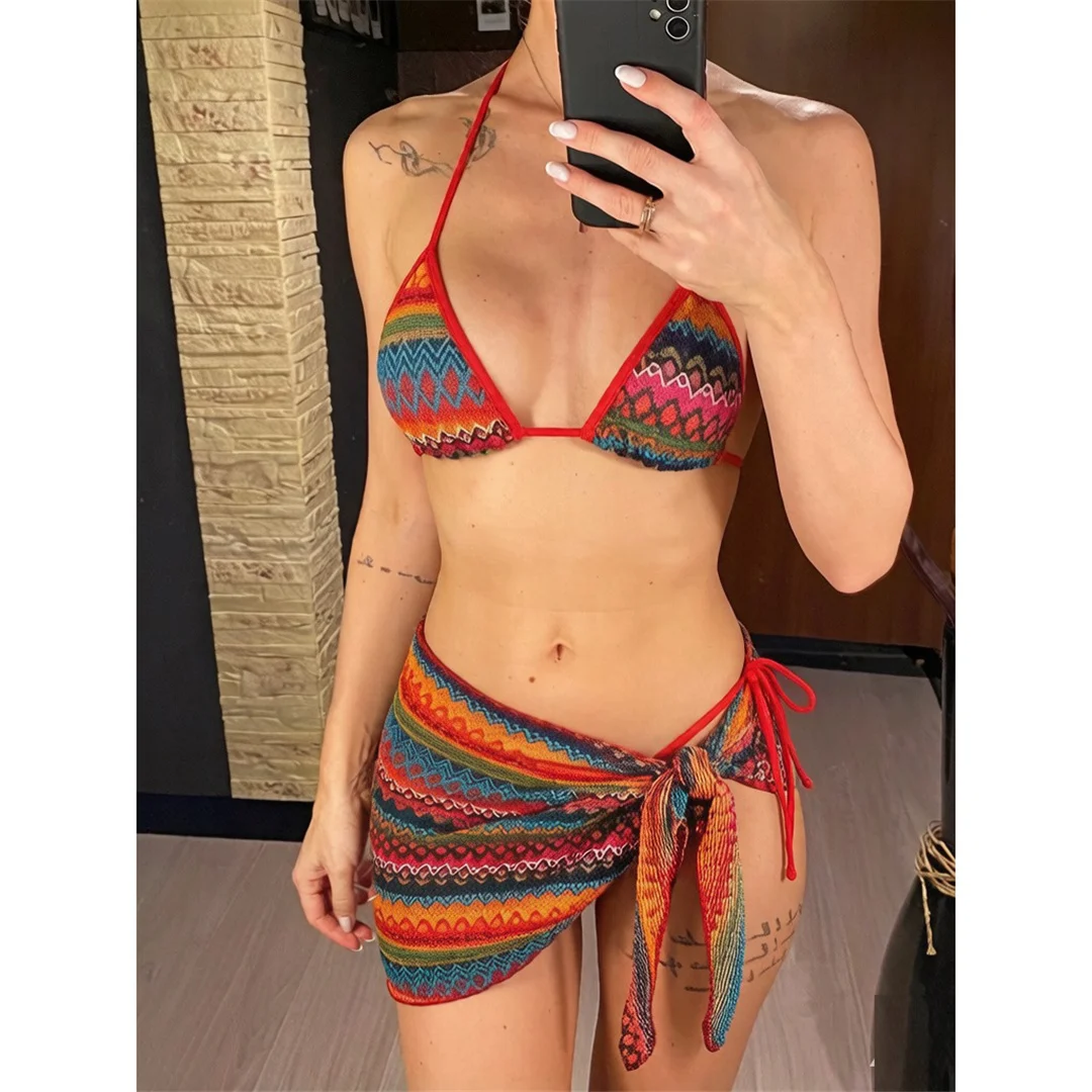 Printed With Sarong Halter Bikini Female Swimsuit Women Swimwear Three-Pieces Bikini Set Padded Bather Bathing Suit Swim