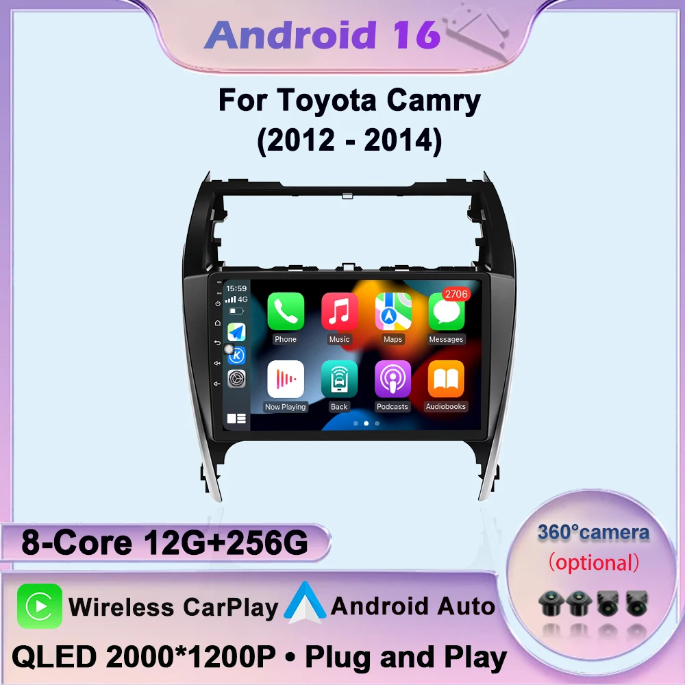 9 inch For Toyota Camry 2012-2014 QLED 2000*1200P 8 Core Android 16 GPS Multimedia Player Auto Wireless CarPlay WIFI