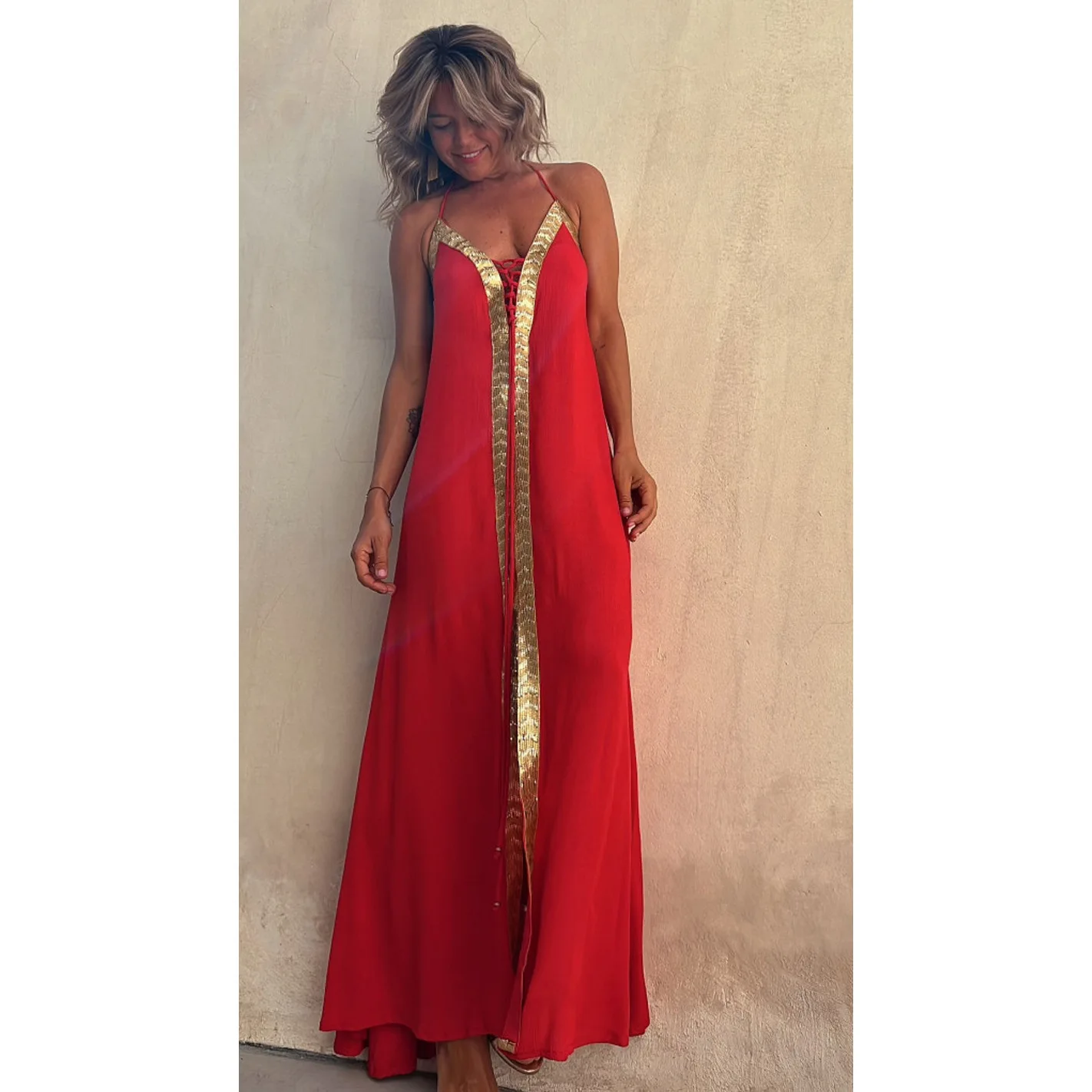 

Summer Women's Bohemian Dress Lace-up Sling Long Dress Vacation Beach Dress Vest Patch Sleeveless Print Long Dress Sun Dress