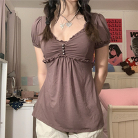 Xingqing Vintage Aesthetic Women T Shirt Elegant Ladies Short Sleeve V Neck Ruffled Tops Summer Lolita Kawaii Grunge Clothes