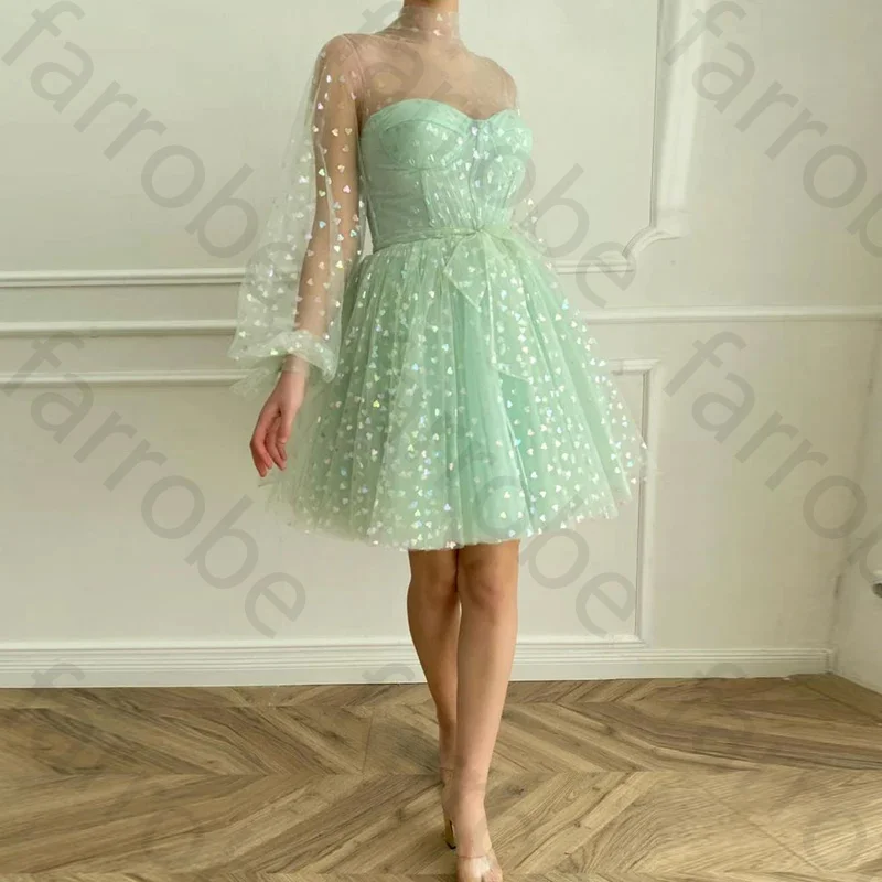 Customized Latest Mint Green Homecoming Dresses Short Cocktail Gowns High Neck Long Sleeves Party  Knee Length Bow Belt For Wome