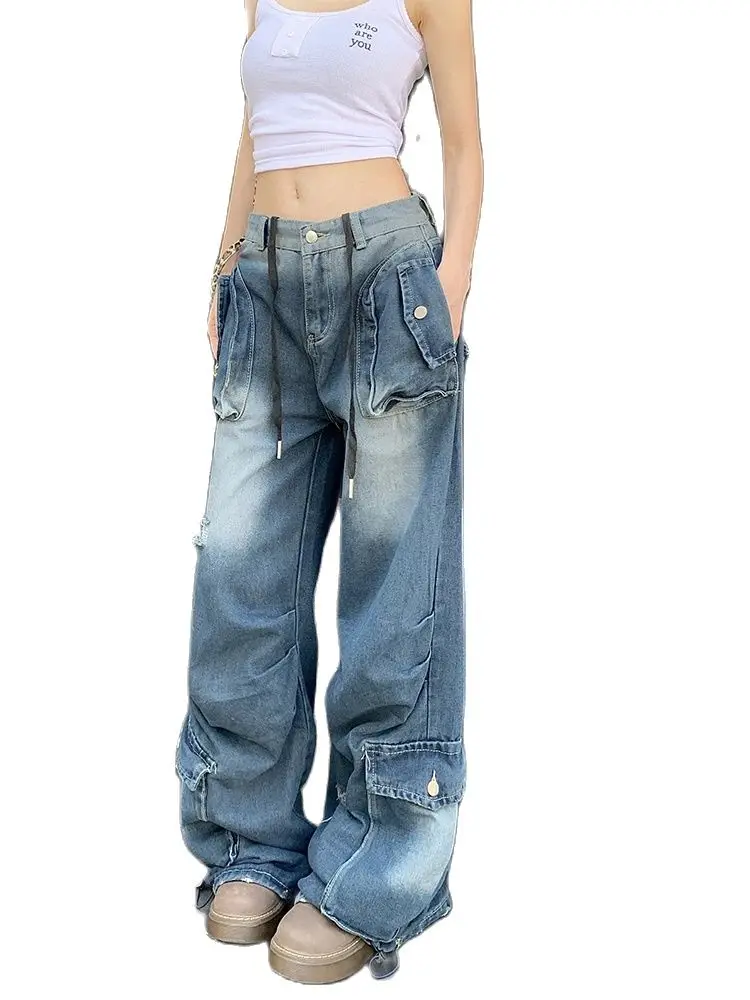 Women Blue Baggy Y2k Ripped Jeans Harajuku 90s Aesthetic Streetwear 2000s Denim Trousers Vintage Jean Pants Trashy Clothes 2024