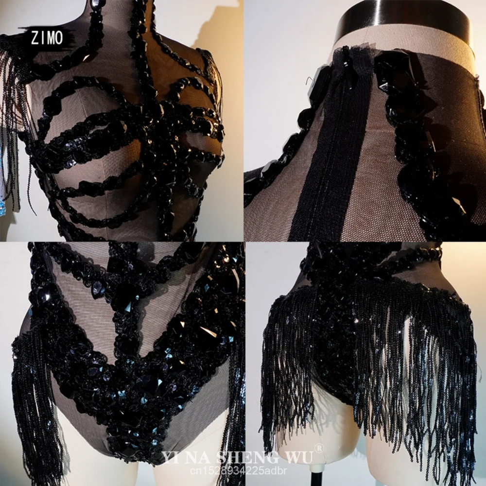 Sexy Mesh Sheer Black Strass Strass Body Cantante Ballerino Spettacolo Abito da palcoscenico Festeggia l'abbigliamento da ballo per feste