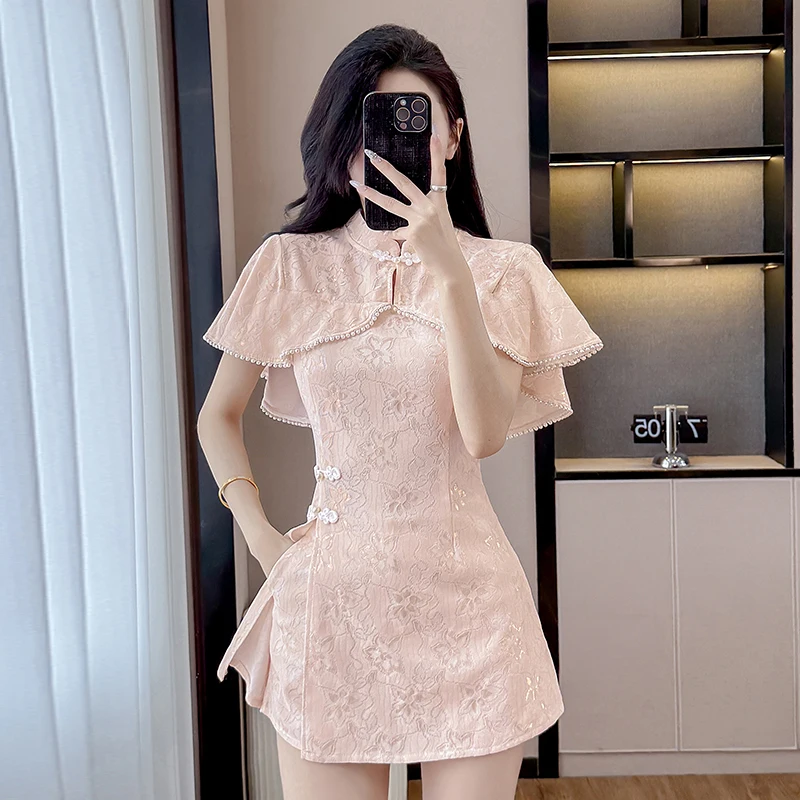 

Новый китайский кружевной кейп-накидка и шорты для похудения, комплект из двух предметов, лето 2026, модная женская одежда, полиэстер, на молнии