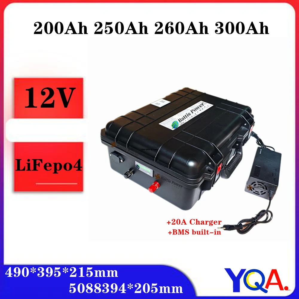 12V 200Ah 250Ah 260Ah 300Ah LiFepo4 lithium battery for solar energy system golf trolley RV autocaravans motorhome+20A charger