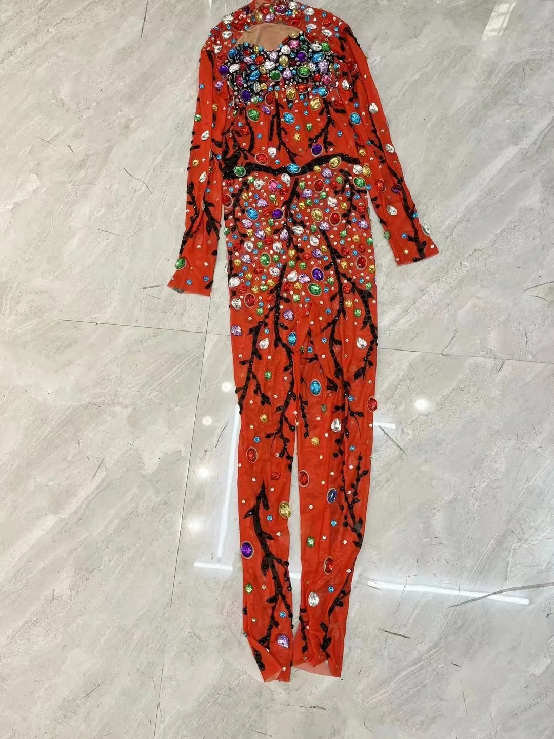 イブニング誕生日祝うクラブジャンプスーツ衣装ダンスパフォーマンス写真撮影衣装セクシーなカラフルなラインストーンメッシュボディスーツ