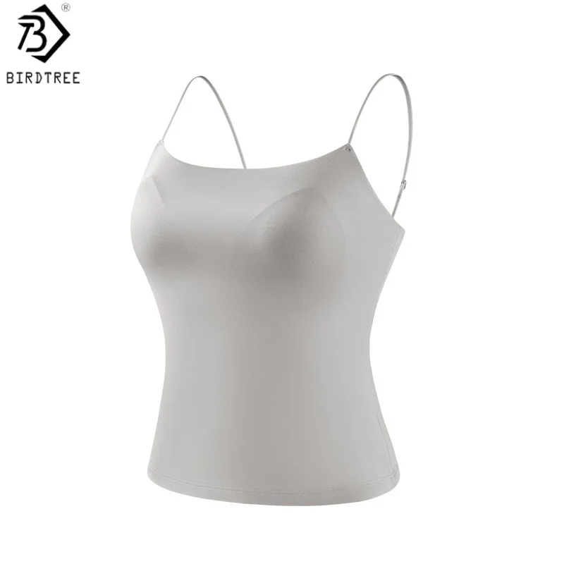 

Birdtree, 90% Silk 10% Spandex Tank Top, Sling Sleeveless Vest, Women Knit Thin Tops, With Breast Pad, 2026 Summer New T66321JF