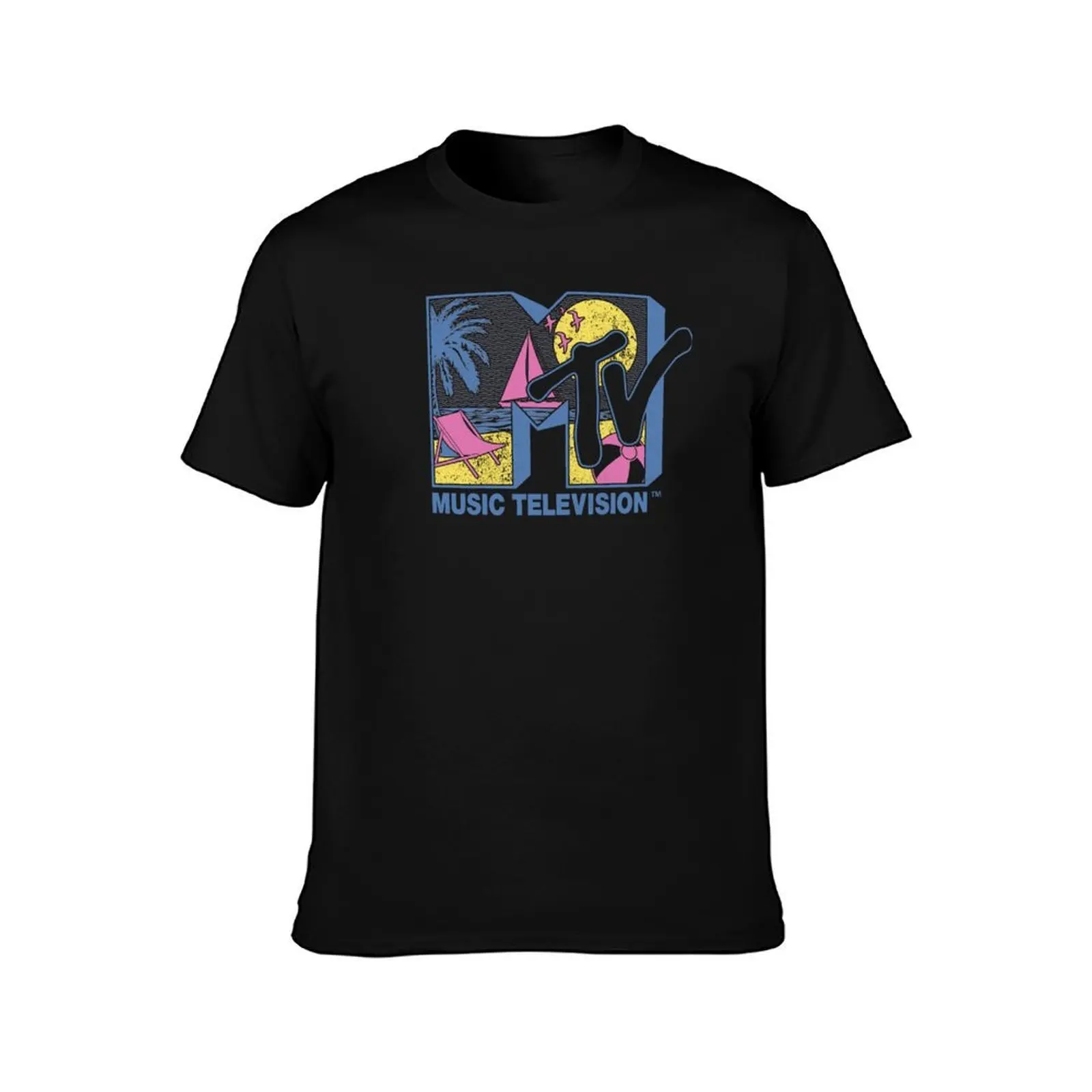 MTV Tropical Beach Neon Fill Logo T-Shirt Simple Solid Color Crew Neck Tee