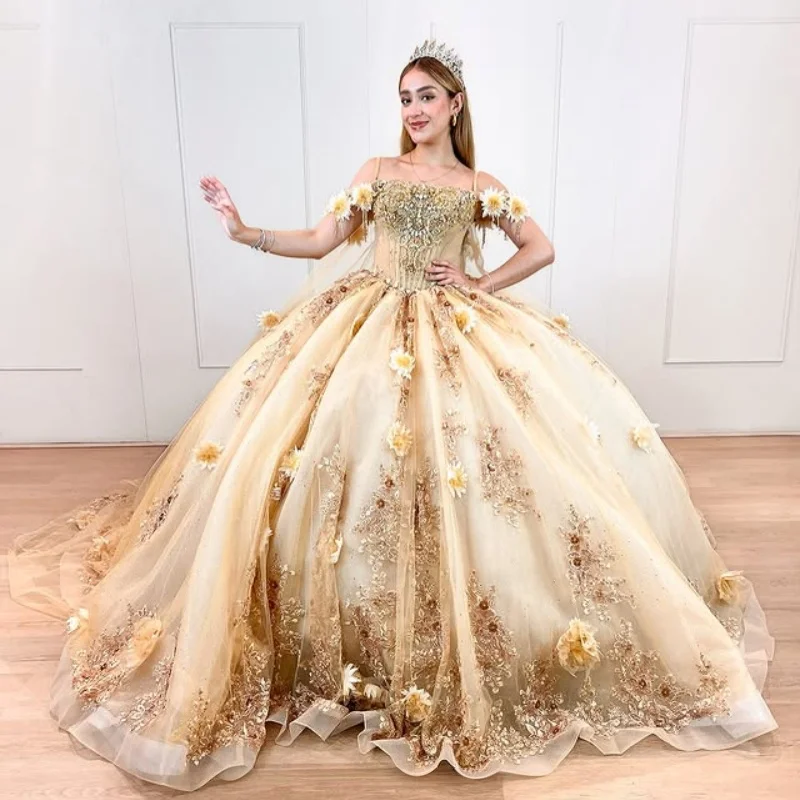 

light yellow off the shoulder Quinceanera Dress crystal glitter applique layering flower vestidos de 15 Quinceanera Customized