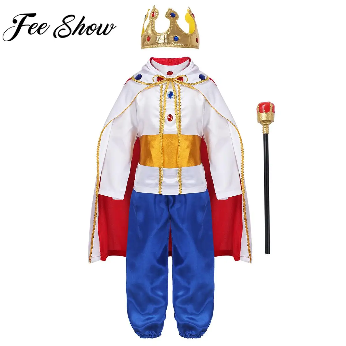 

Kids Boys Prince King Cosplay Costume Cloak Crown Scepter Set Halloween Theme Party Masquerade Parades Stage Performance Clothes