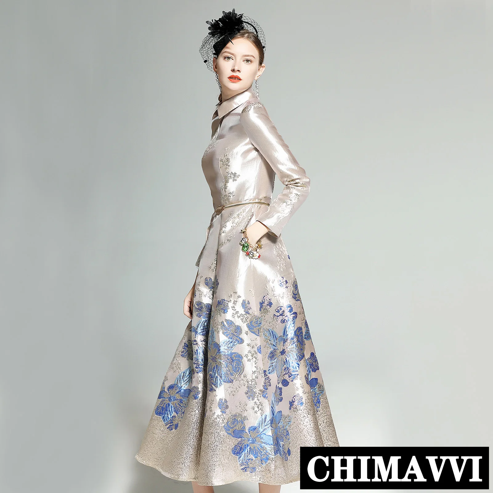 

New Spring Women's Retro Lapel Long Sleeve Blue Flower Jacquard Slim Elegant Long Dress Lady Girls Luxury Formal Party Dresses