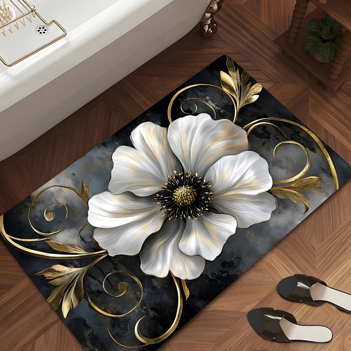 1pc gold and white floral print floor mat, polyester fabric, machine washable, suitable for bedroom and living room decoration