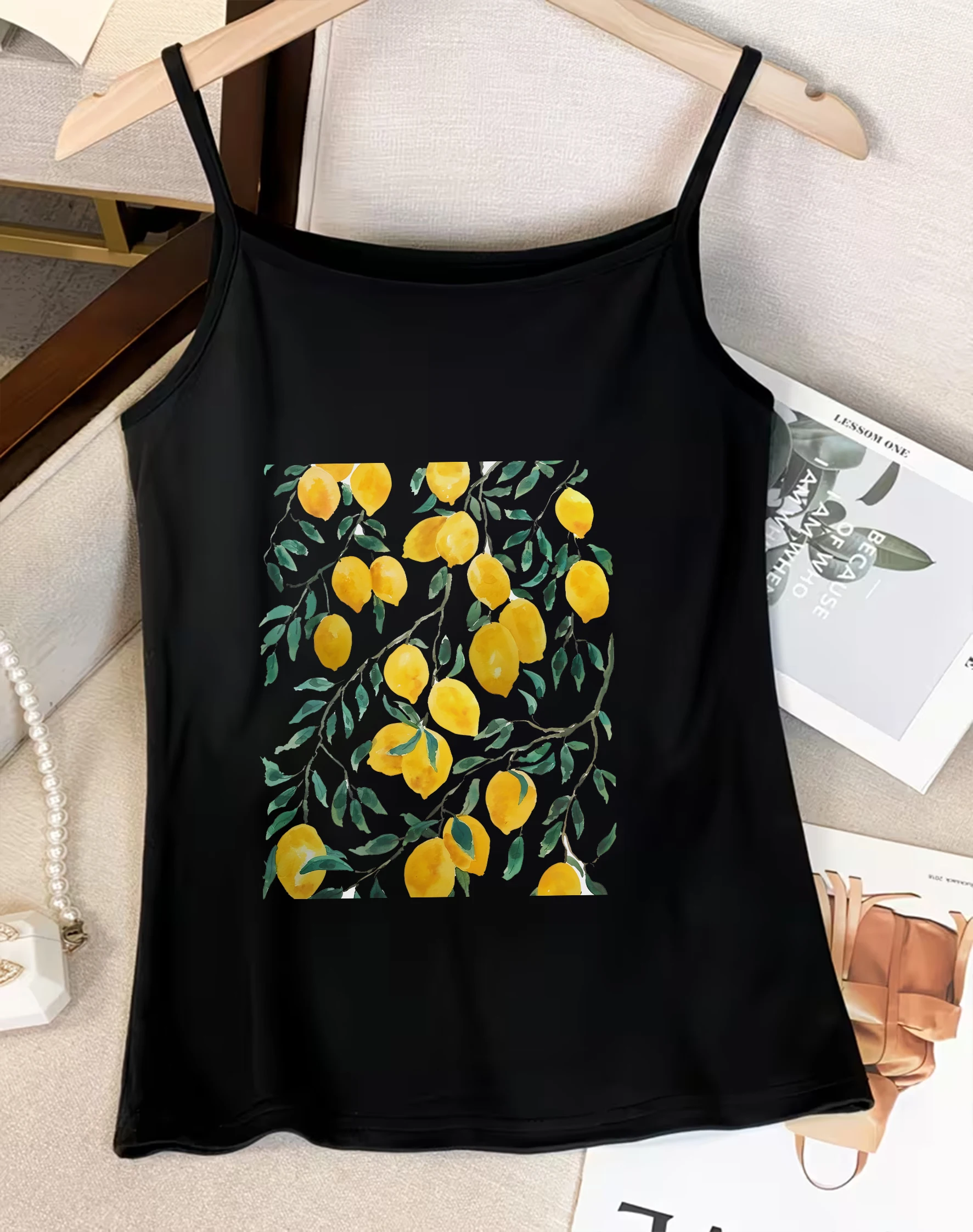 Vintage Lemon Fruit Print Spaghetti Strap Tank Tops Y2K Streetwear Sleeveless Camisole Holiday Slim Fit Casual Cami Vest
