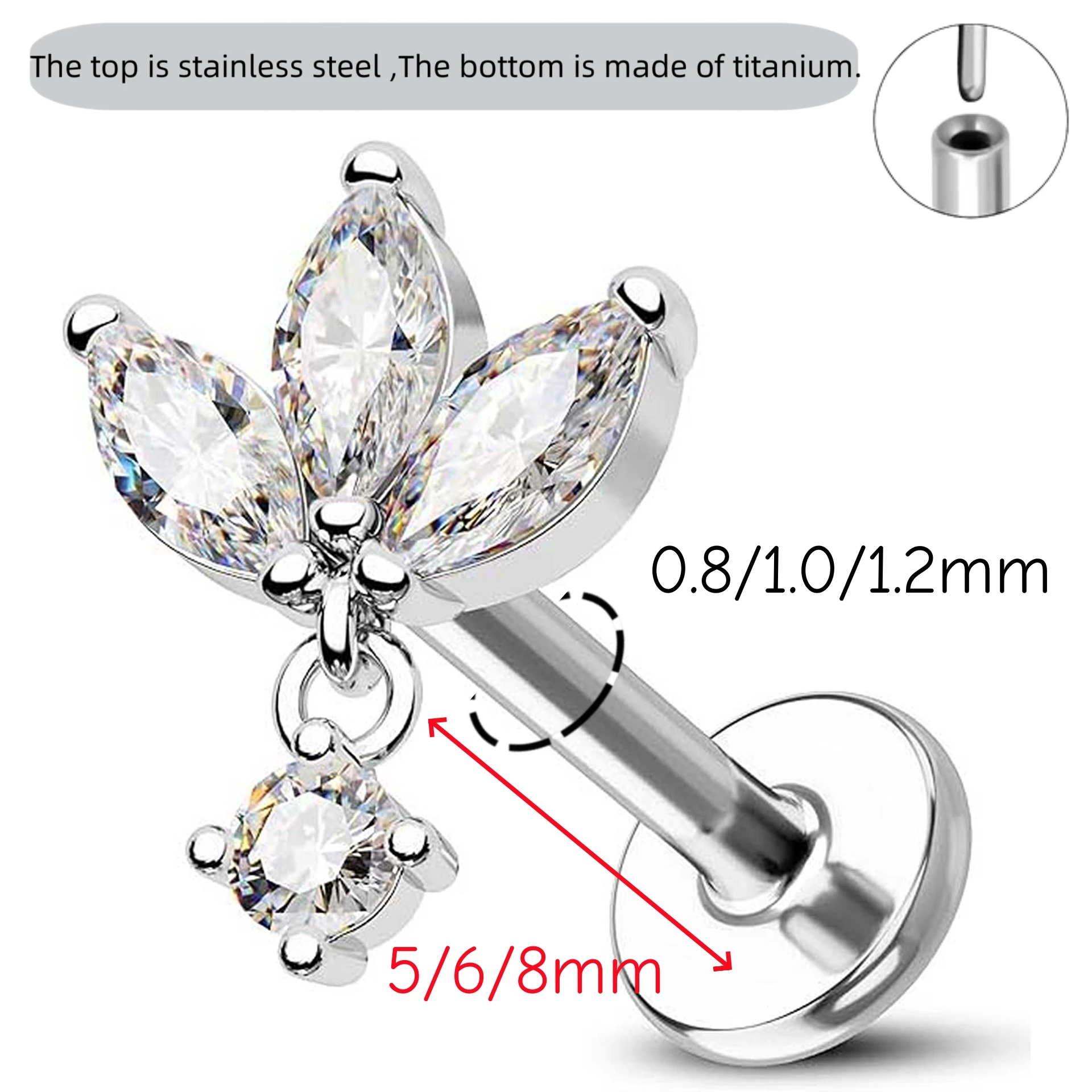 ASTM F136 زهرة التيتانيوم فراشة الخيوط ثقب القلب دبوس دفع في الشفاه مسمار Daith محارة القرط 16 جرام 18 جرام 20 جرام