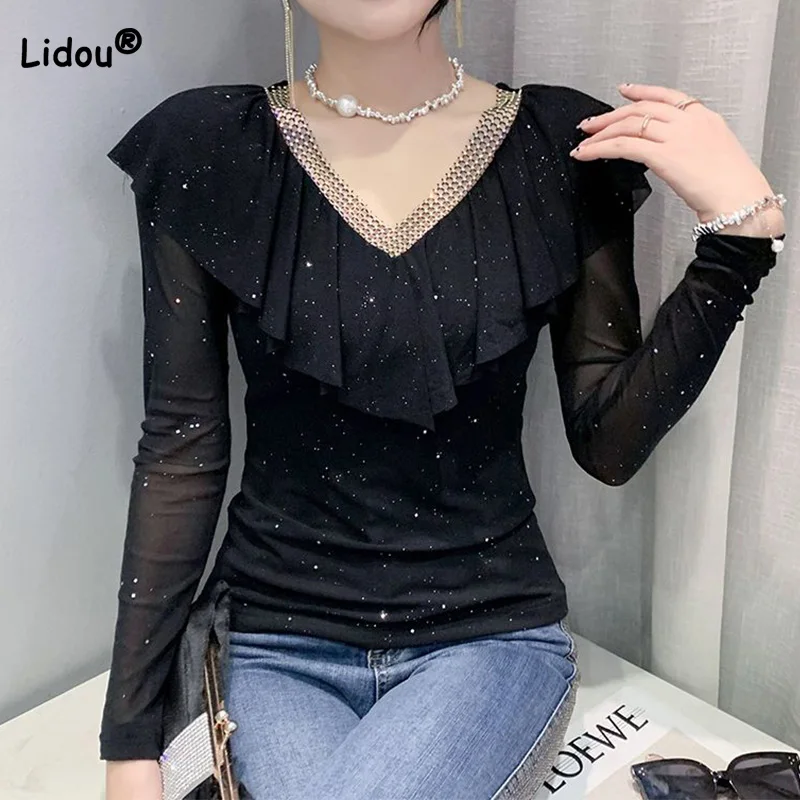 

Spring Autumn New Fashionable Ruffled Starry Sky Design Tops Sweet V-neck Mesh Female Sequined Long Sleeved Diamond Slim T-Shirt