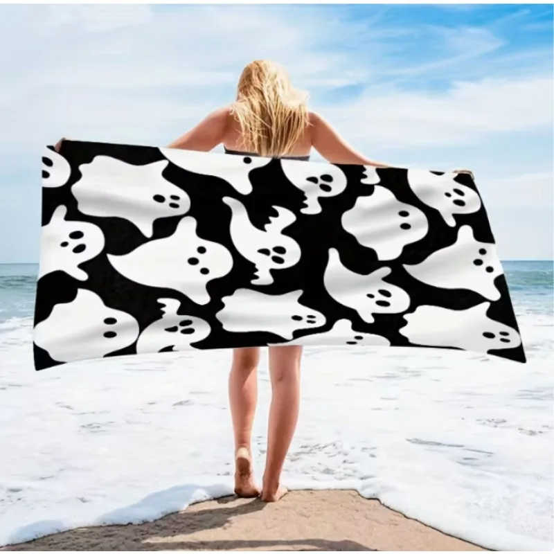Oversized Microfiber Beach Towel, Cute Ghost Pattern Print, Quick Dry Sand Resistant for Summer Pool