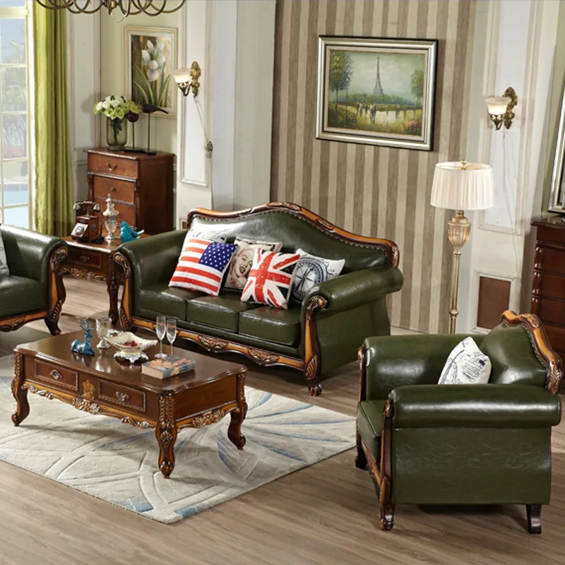 American Rural Simple Leather Sofa Combination European Solid Wood Oil Wax Leather Art Three-person Small Apartment Living Room