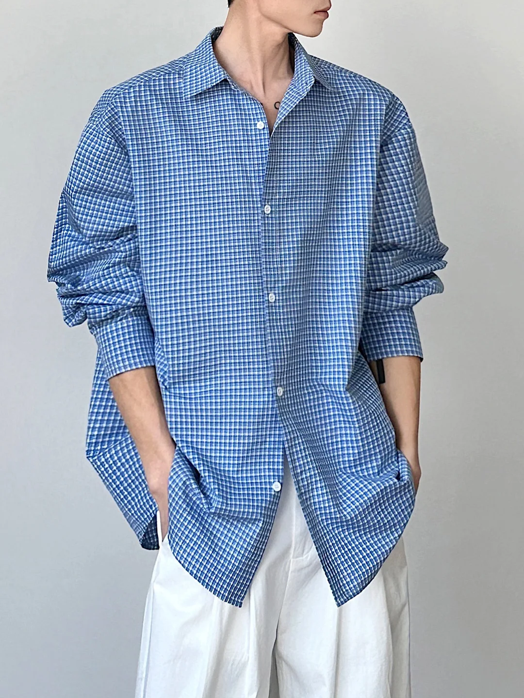 

Loose Long Sleeve Korean Style Men's Shirt Thin Grid Pattern Casual Spring Fashion Workwear plus Size Couples Clothing