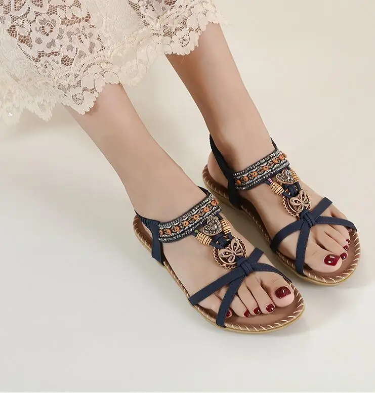 2022 Summer Women\'s Sandals Retro Fashion Flower Print Ladies Shoes Rhinestone Sandals Soft Elastic Band Sandals Walking