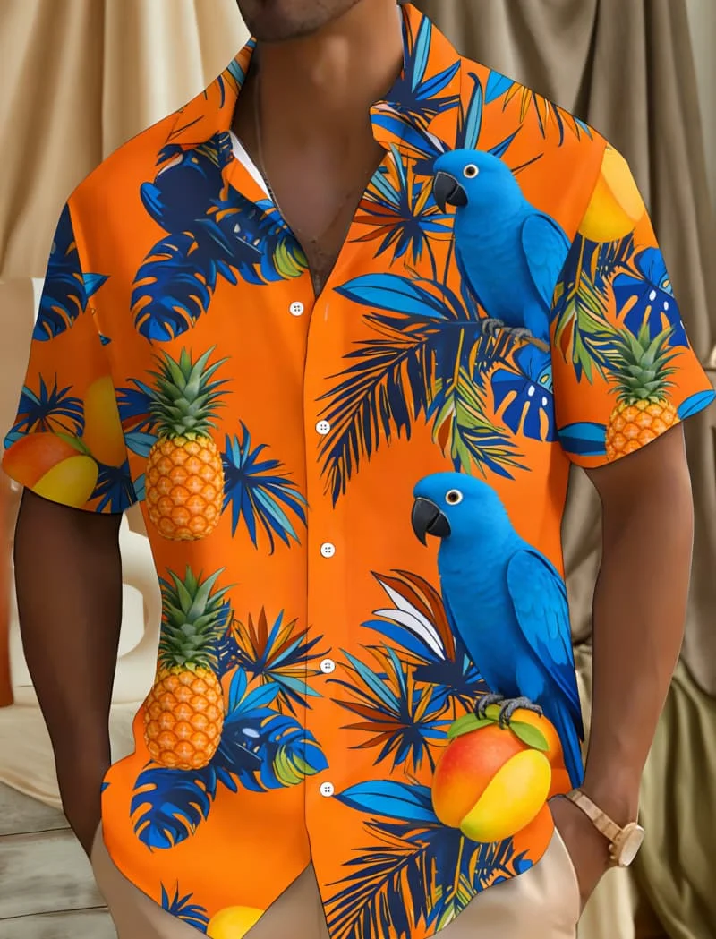 

Men's Casual Stylish Sunny Passionate Tropical Print Short Sleeve Shirt Casual Fashion For Summer Vacations And Poolside Parties