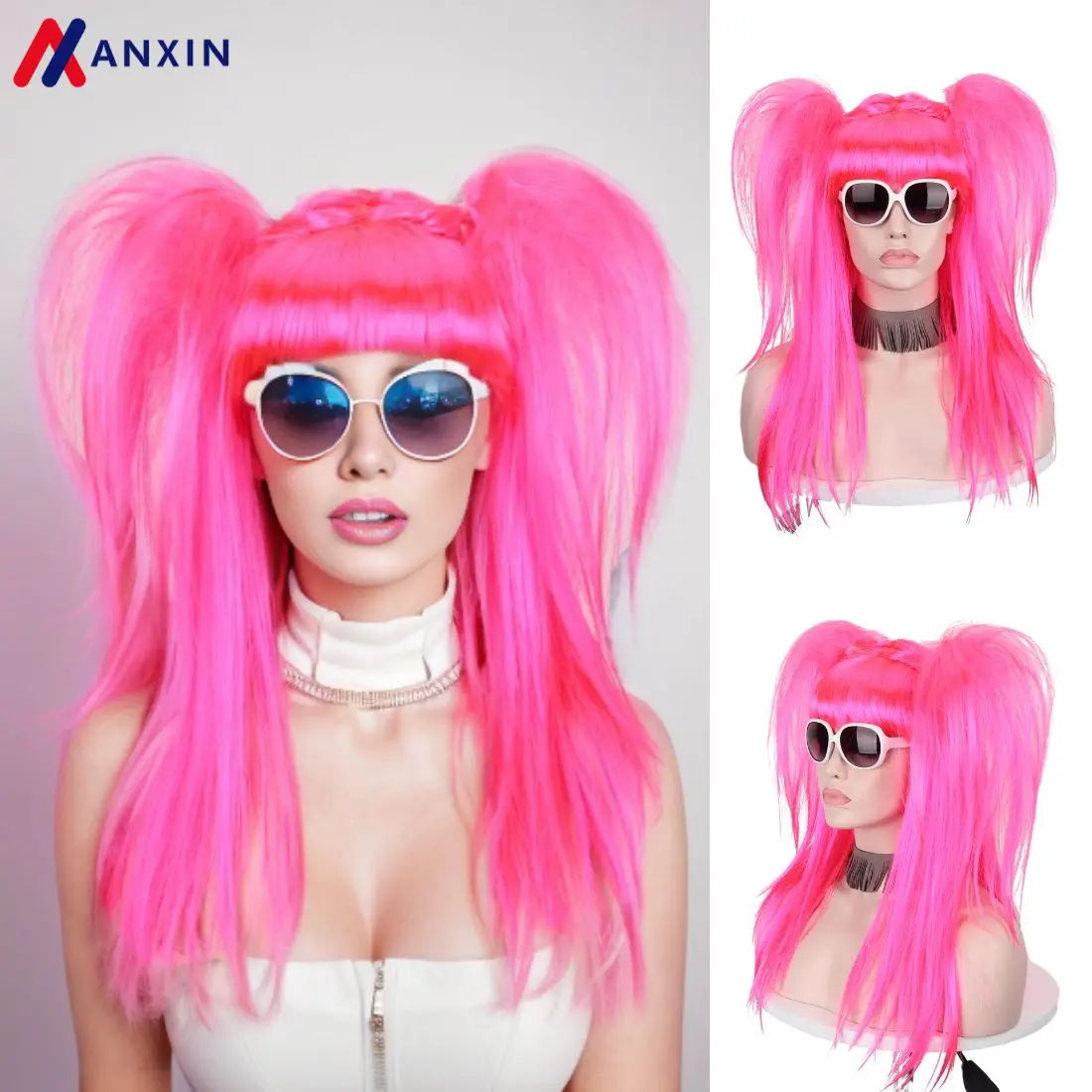 Synthetic Bright Pink Wig Double High Ponytails Straight Hair With Bangs For Cosplay Halloween Carnival Festival Costume Party