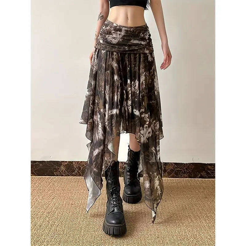 Summer New Retro Mesh Irregular Printing Skirt Splicing Spice Girl Dress