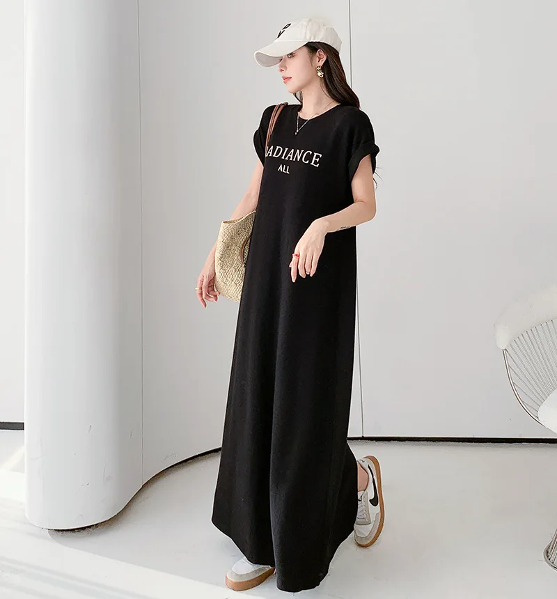 Women's Loose plus Size Short Sleeve Letter Print Dress Casual Round Neck T-Shirt Style Summer Lady's Long Dress Robe