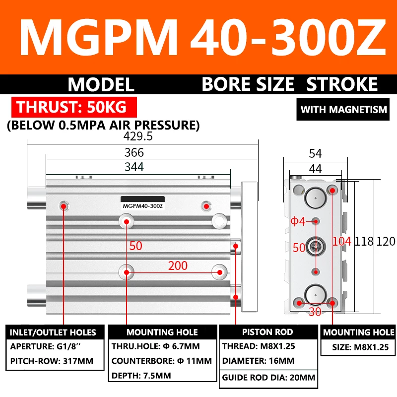 ABILKEEN MGPM Series Pneumatic Compact Guide Cylinder MGPM40-300Z 40MM Bore X 300MM Stroke Three Axis Three Rod Air Cylinder
