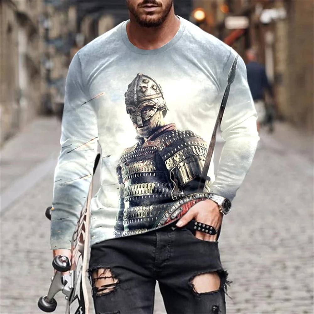 Vintage Men\'s T-shirt Templar Printed Long Sleeve Tops O-neck Men Clothing Oversized Casual Streetwear Autumn Black Tees