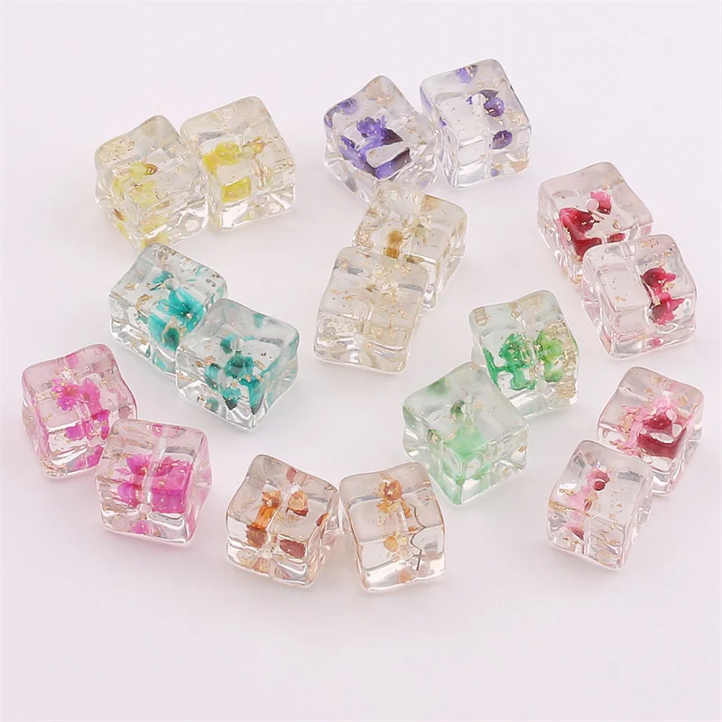 

New arrived 40pcs/lot 14mm color Naturally dried flowers core geometry square shape resin beads diy jewelry garment accessory